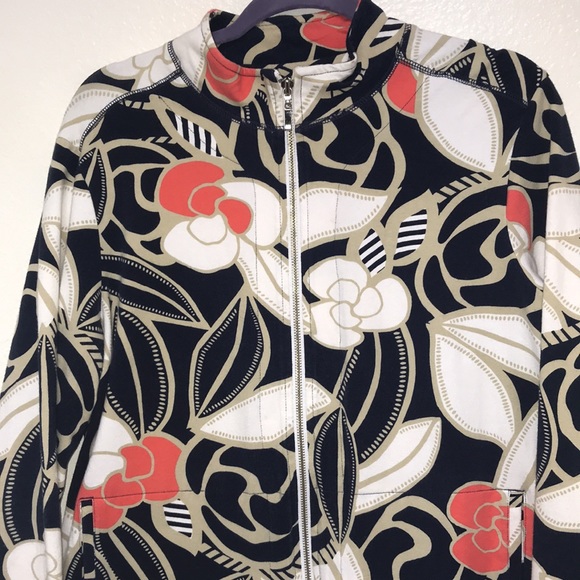 Additions by Chico’s Large Floral Print Navy White Pink Zip Up Pocketed Jacket - Picture 1 of 9
